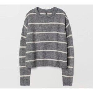 H&M Divided Pullover Sweater Womens Size M Grey Strip Wool Blend Knit Crop Boxy